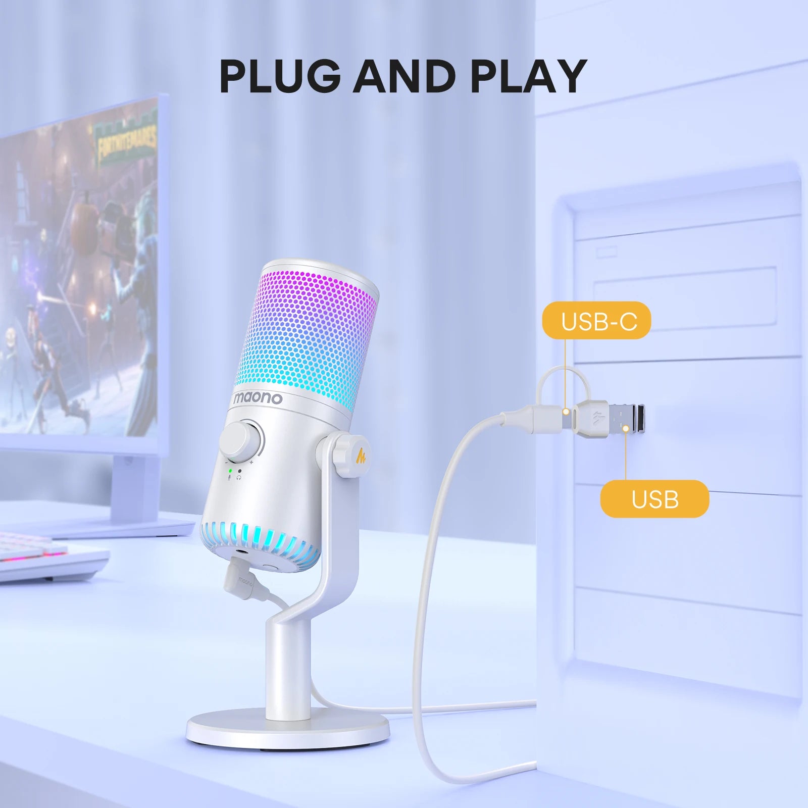 DM30 RGB USB Microphone RGB Gaming Microphone Computer Mic USB Gaming Mic with Mic Gain and RGB Lighting for PC, Phone