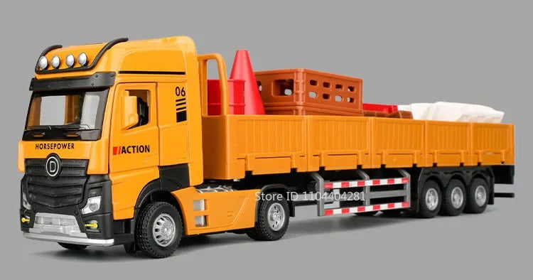 1:32 Roadblock Transport Truck Flatbed Trailer Model Toys Diecast Alloy Car Doors Opened Sound Light Pull Back Vehice Boy's Puzz