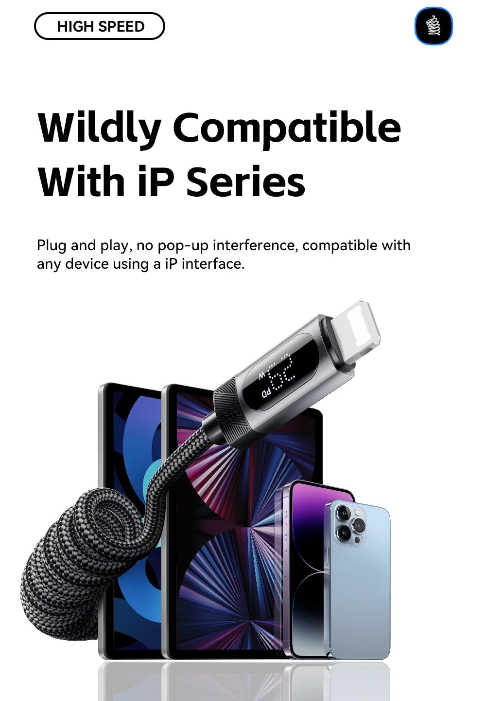 Car Spring USB-C to Lightning Fast Charging Cable with Digital Display