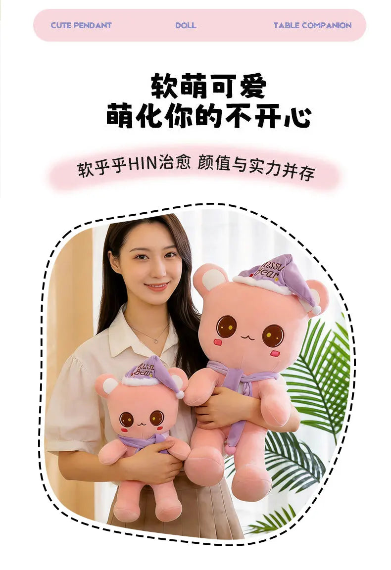 Cute Bear Plush Toy With Sleep Hat And Scarf Soft Pillow