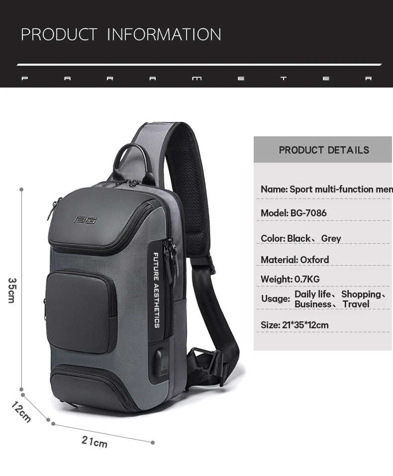 Anti-theft Chest Bag Shoulder Strap USB Rechargeable Crossbody School Gym Pack, Men Sports Waterproof Shoulder Bag