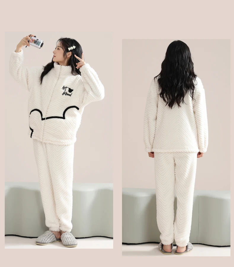 Women’s Christmas Fleece Pajama Set – Warm Flannel Zipper Sleepwear, Thick Coral Velvet