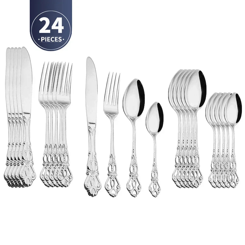 4pcs Gold Stainless Steel Cutlery Set Royal European Spoon Fork and Steak Knife Retro Hollow Design Dinnerware Luxury Tableware