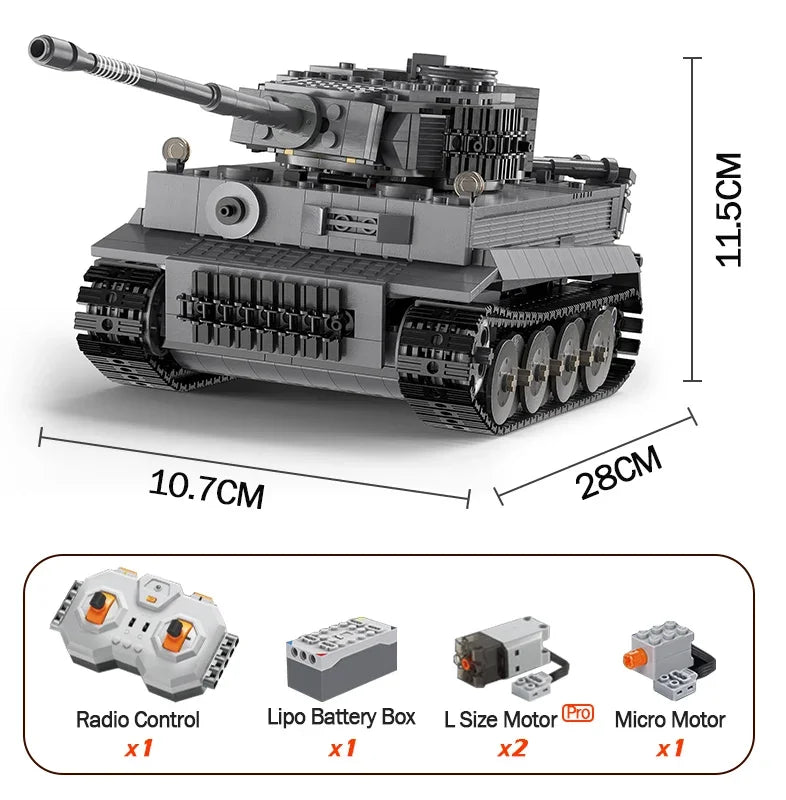 925pcs Ww2 Military Army 1:35 Sd.Kfz.181 Tiger Tank City Remote Control Building Blocks Weapon Bricks RC Vehicle Toys