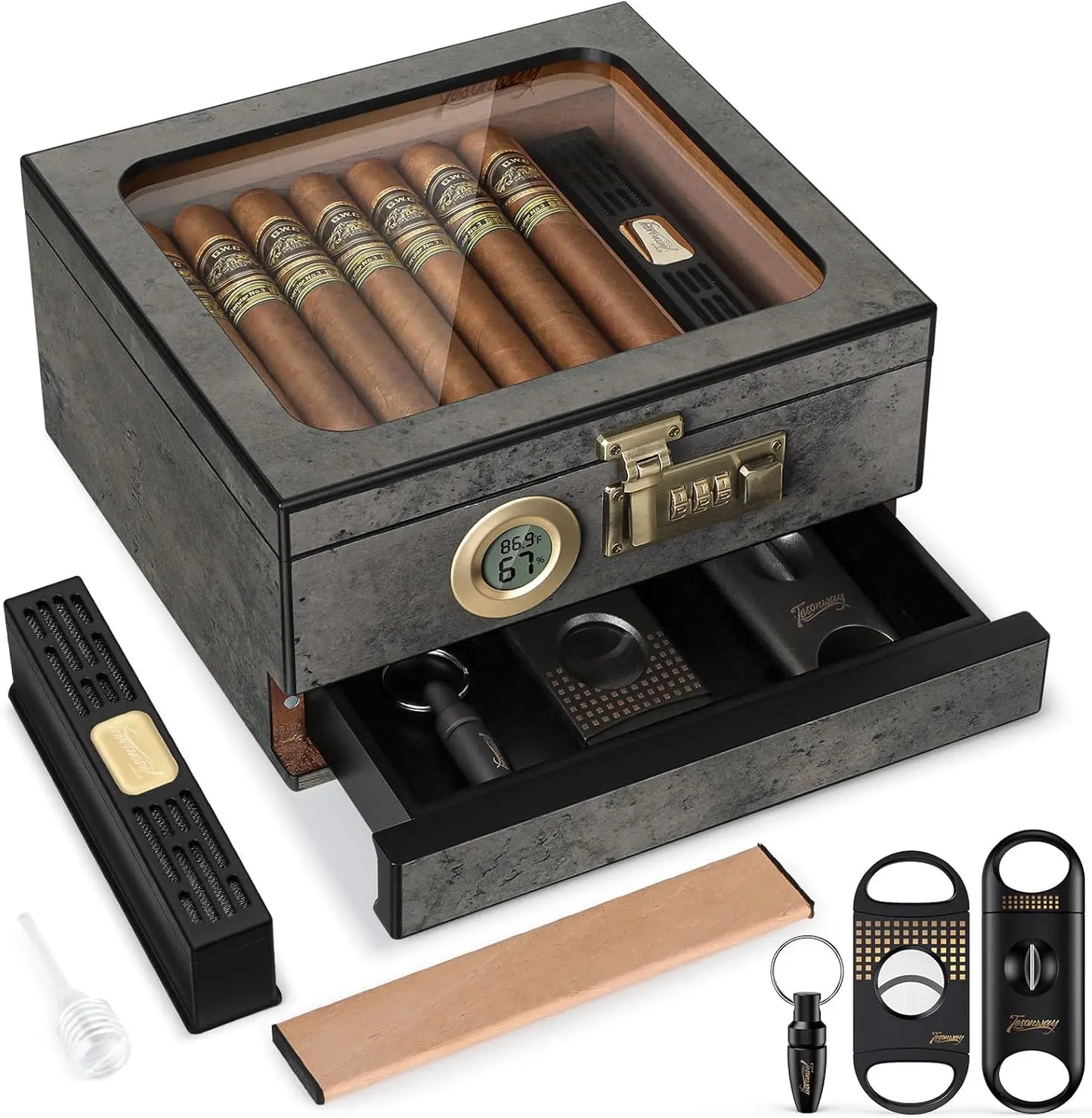 Cigar Humidor Cedar Wood Humidor Cigar Box Glass Top Desktop Humidor with Front Hygrometer Humidifier Divider Accessories Drawer