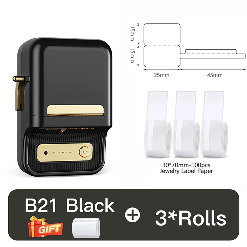 B1/B21 Jewelry Label Printer, Bluetooth Wireless Thermal Sticker Maker 20–50mm, Inkless Price Tag Label Machine for Necklace Ring Bracelet