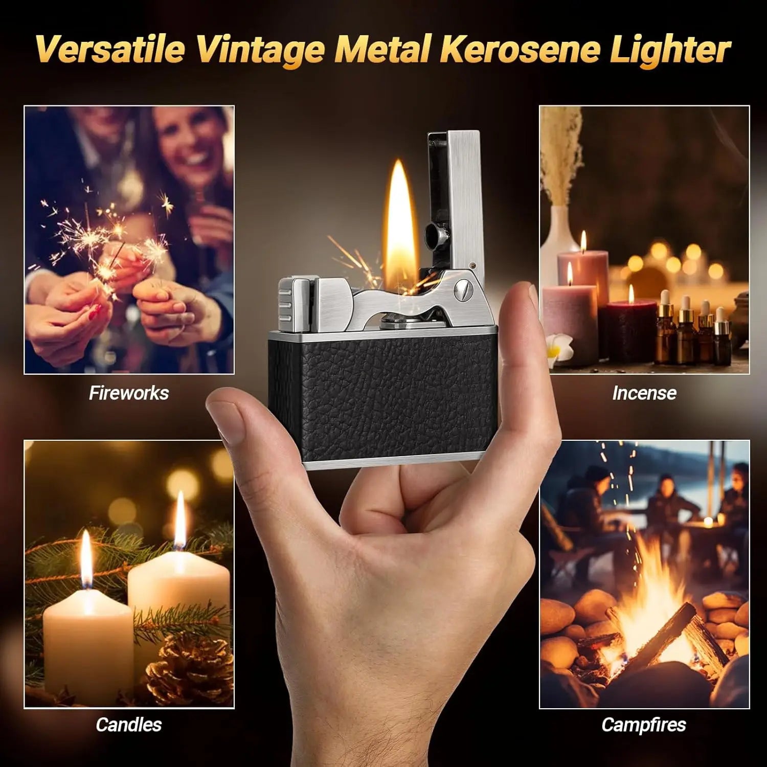 Vintage Kerosene Lighter, Windproof Soft Flame, Metal and Leather Trench Lighter, Fluid Refillable Pocket Lighters