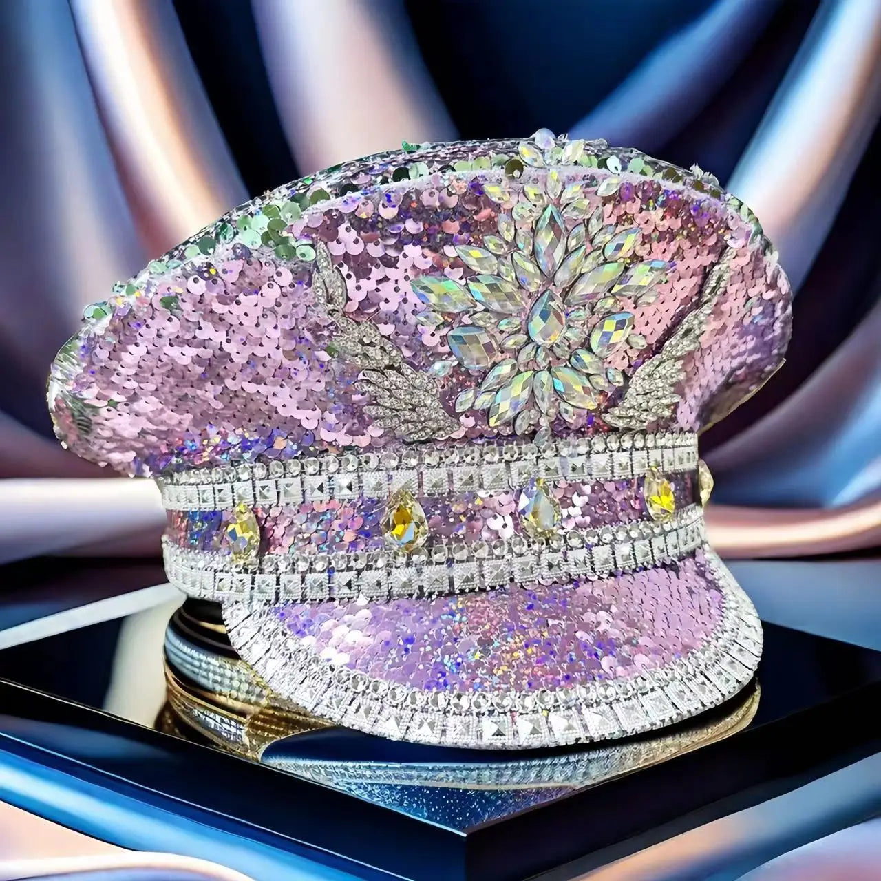Burning Man Military hats Blue purple sequined Rhinestone Navy hats suitable for Festival Beach Outdoor Halloween Hat