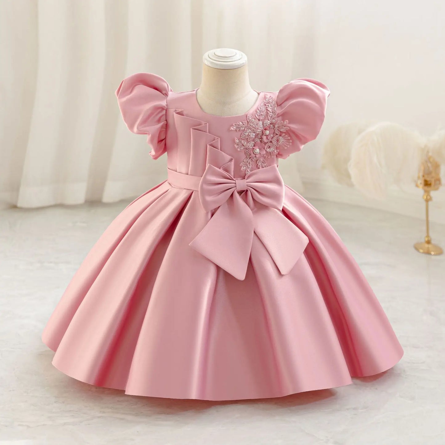 Baby Princess Party Dress with Bow and Bubble Sleeves