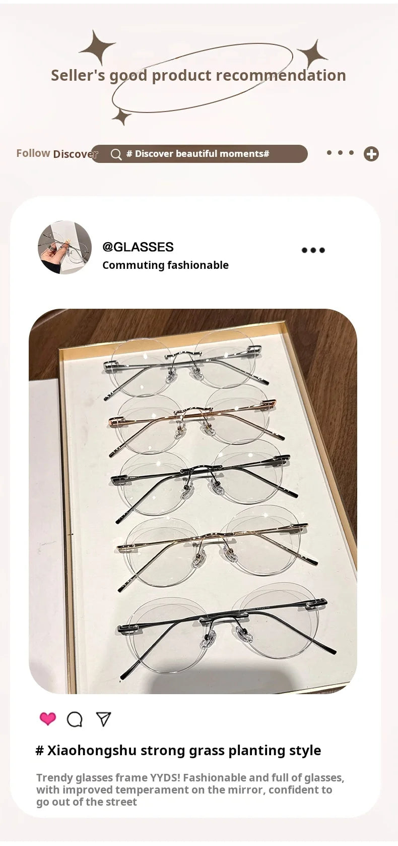 Womens Retro Round Rimless Progressive Multifocal Prescription Glasses