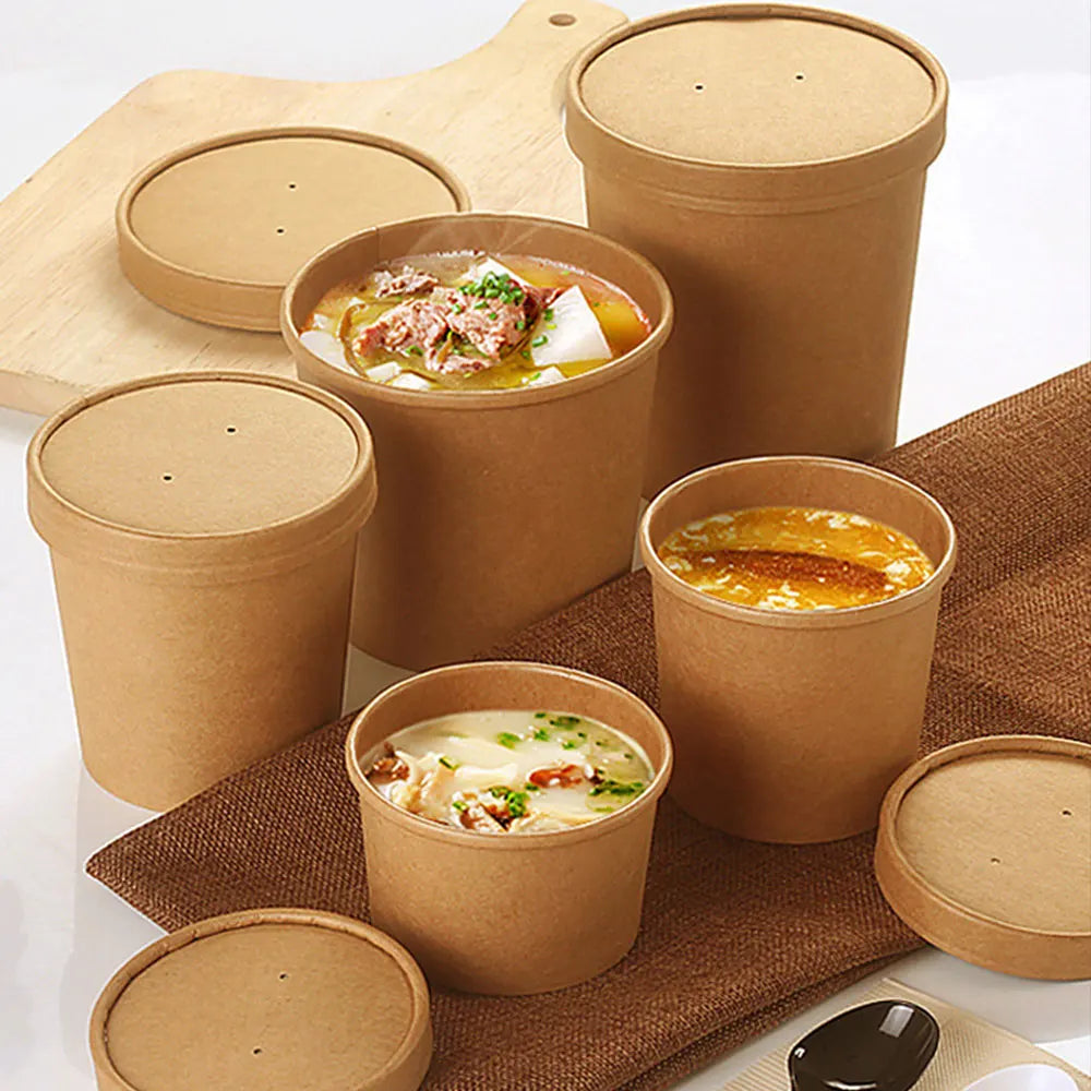 Cheapest Disposable Kraft Paper Bowl 500ml Round Salad Dessert Food Snack Ice Cream Takeaway Packaging Cup with Lids 10pcs