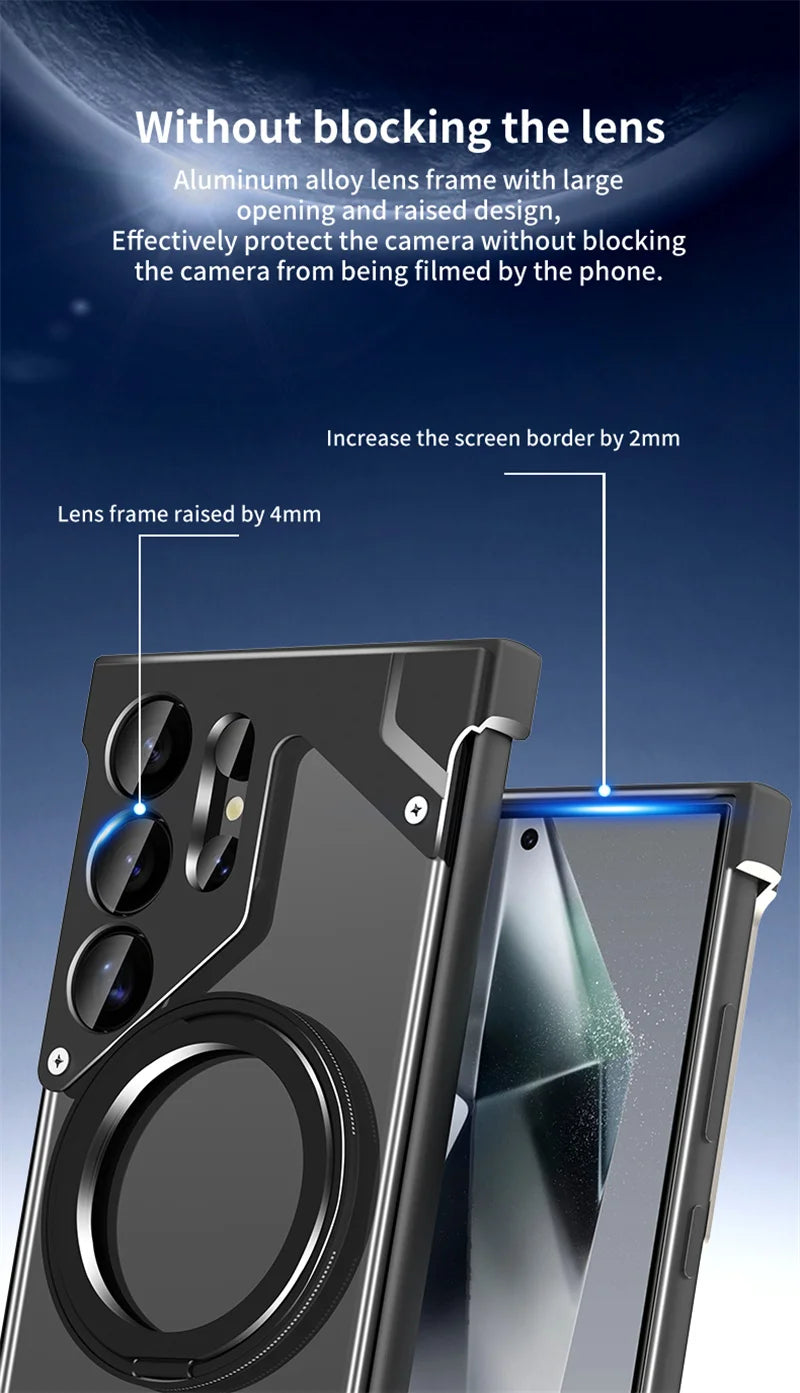 Luxury Metal 360 ° frameless Phone Case For Samsung S 24 23 Ultra Transparent Rotating Bracket Anti Drop Airbag Phone Case