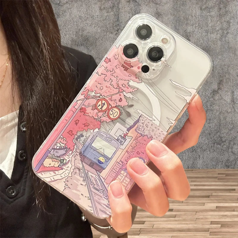 Hand Painted Anime Tram  Case for iPhone 16 15 14 Plus Magsafe Wireless Charge Cover