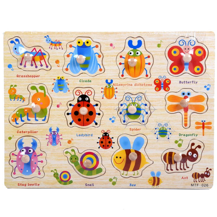 Montessori Wooden Puzzles Hand Grab Boards Toys Tangram Jigsaw  Educational Toys Cartoon Vehicle Animals Fruits 3D Puzzles