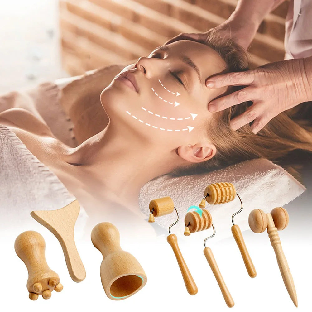 Face Massagers Gua Sha Tools Wood Therapy Meridian Massage Kit Roller Facial Lifting Masajeador Maderoterapia Scraper