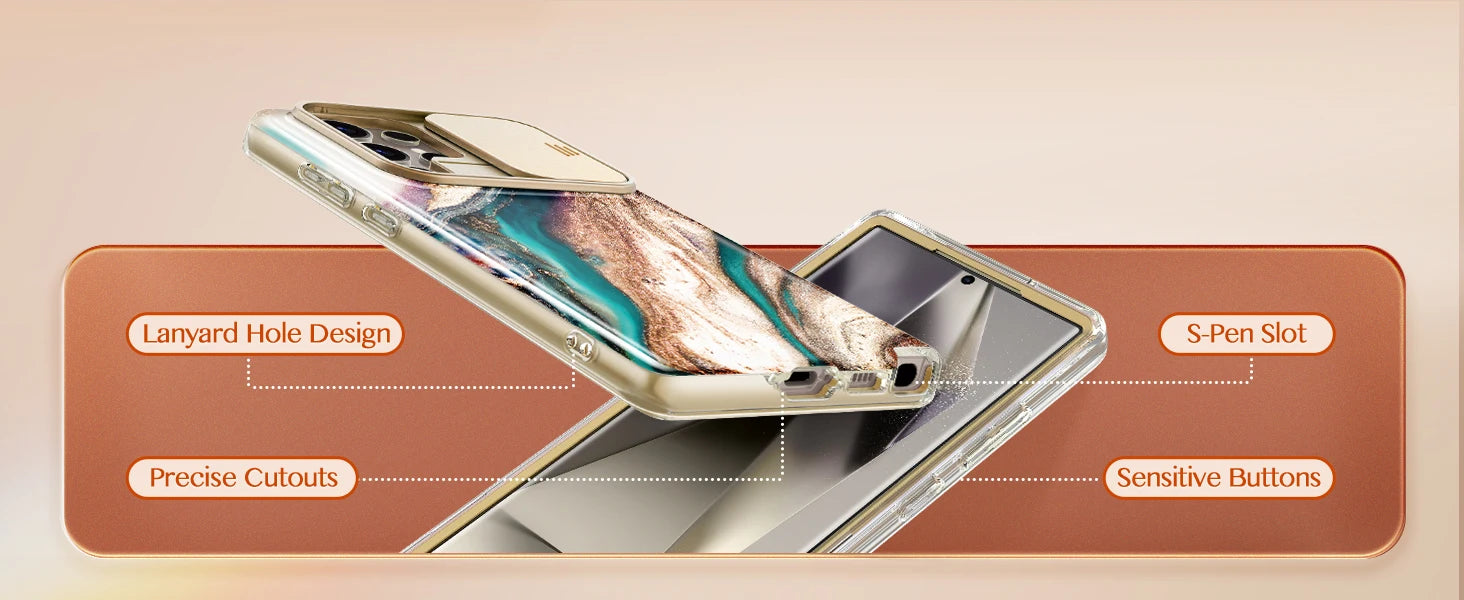 For Samsung Galaxy S24 Ultra Case with 2 Front Frames Slide Camera Lens Protection Heavy Duty Shockproof Marble Phone Case Cover