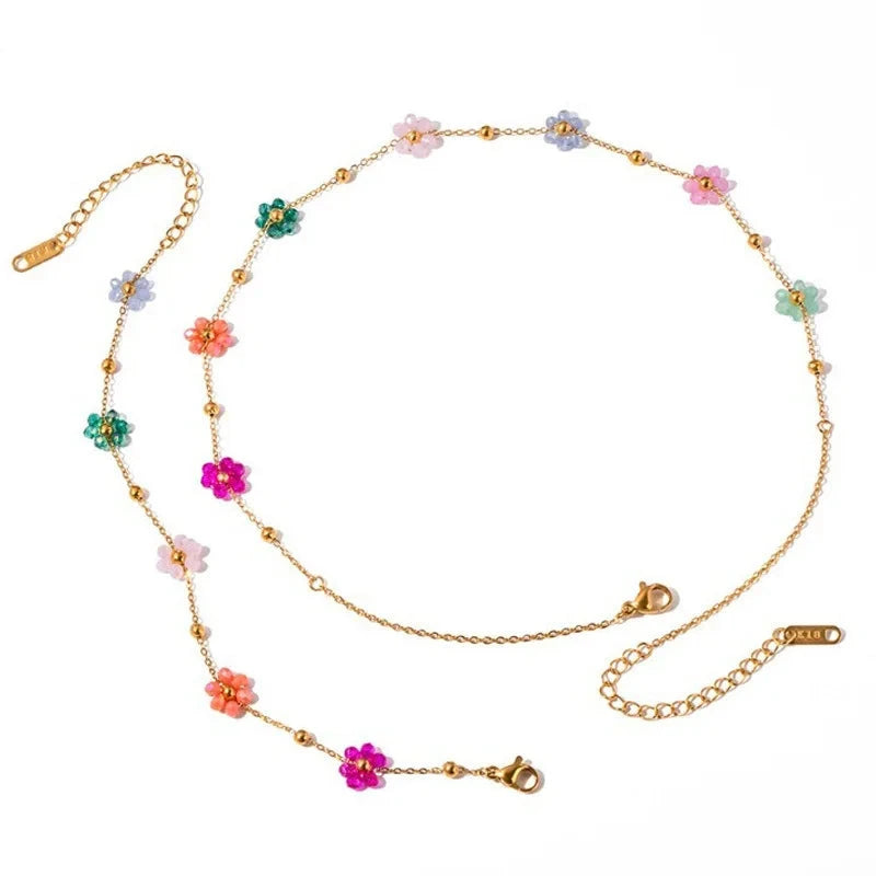 Exquisite Colorful Flower Chain Necklace Bracelet Set For Women Gold Plated Titanium Steel Daisy Choker Necklace