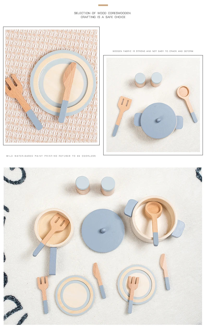 Wooden Pretend Play Kitchen Set with Pots Pans and Utensils