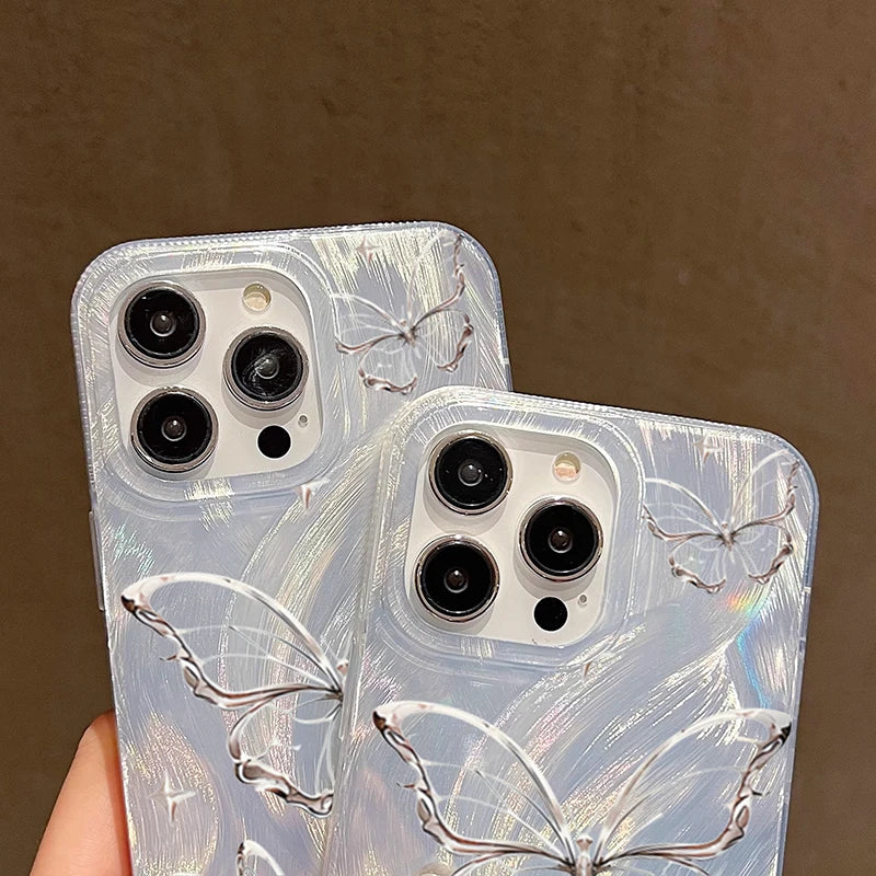 For iPhone 14 15 16 17 Pro Max Case Luxury Laser Silver Butterfly Phone Case for iPhone