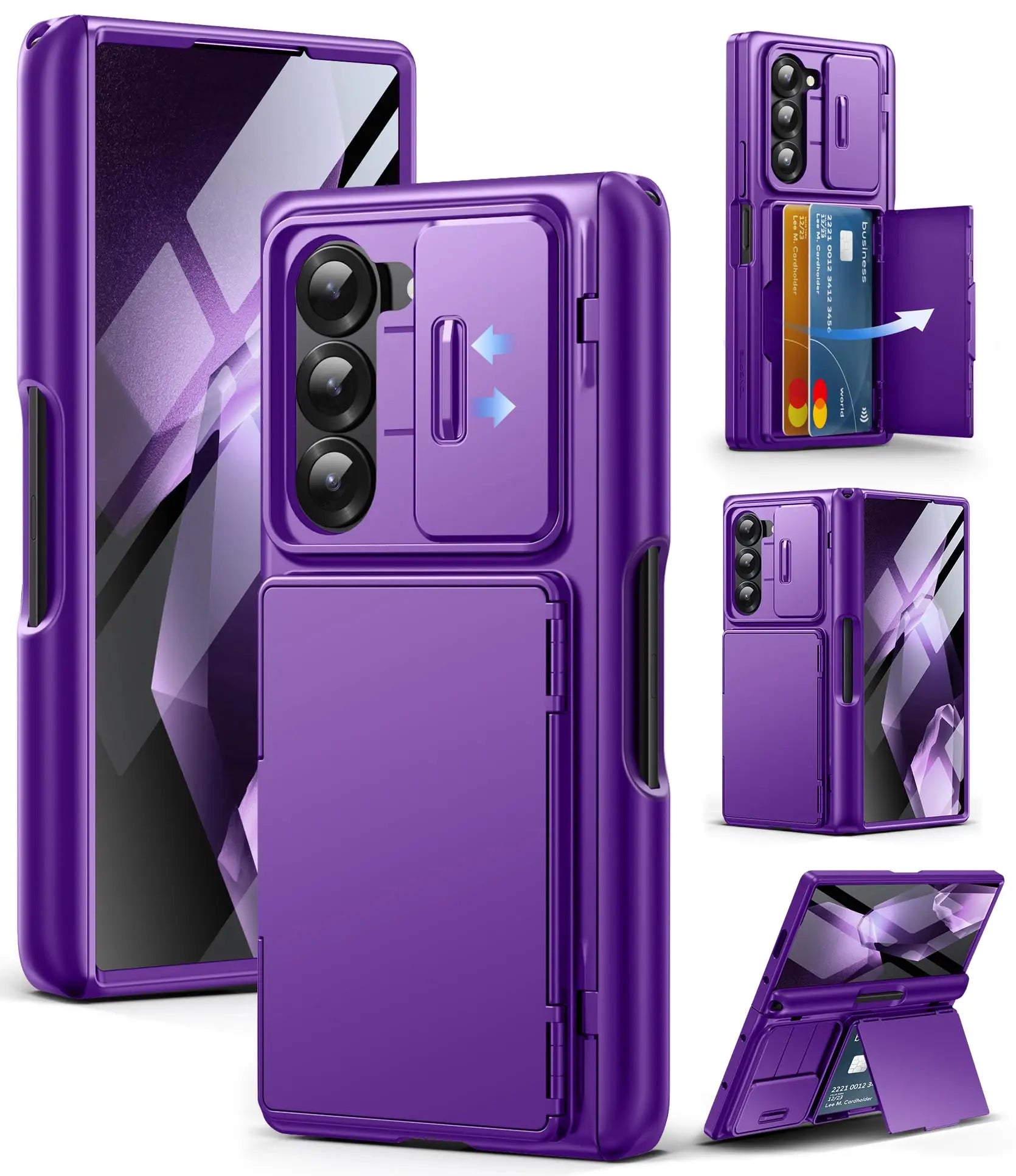 For Z Fold 6 Case with Secure Card Holder Sliding Camera Cover Rugged Hinge Protection Wallet Phone Case Glass Screen Protector