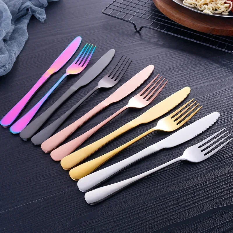 24pcs Golden Tableware Set Light Luxury Stainless Steel Cutlery Fork Knife Spoon Dinnerware Set Minimalist Decor with Gift Box