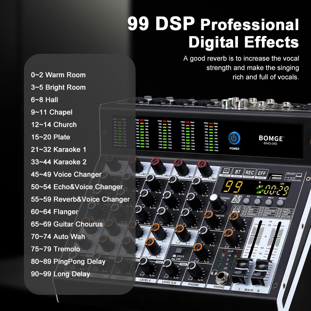 6 Channel Professional Audio Mixer Console with 99 DSP Effects