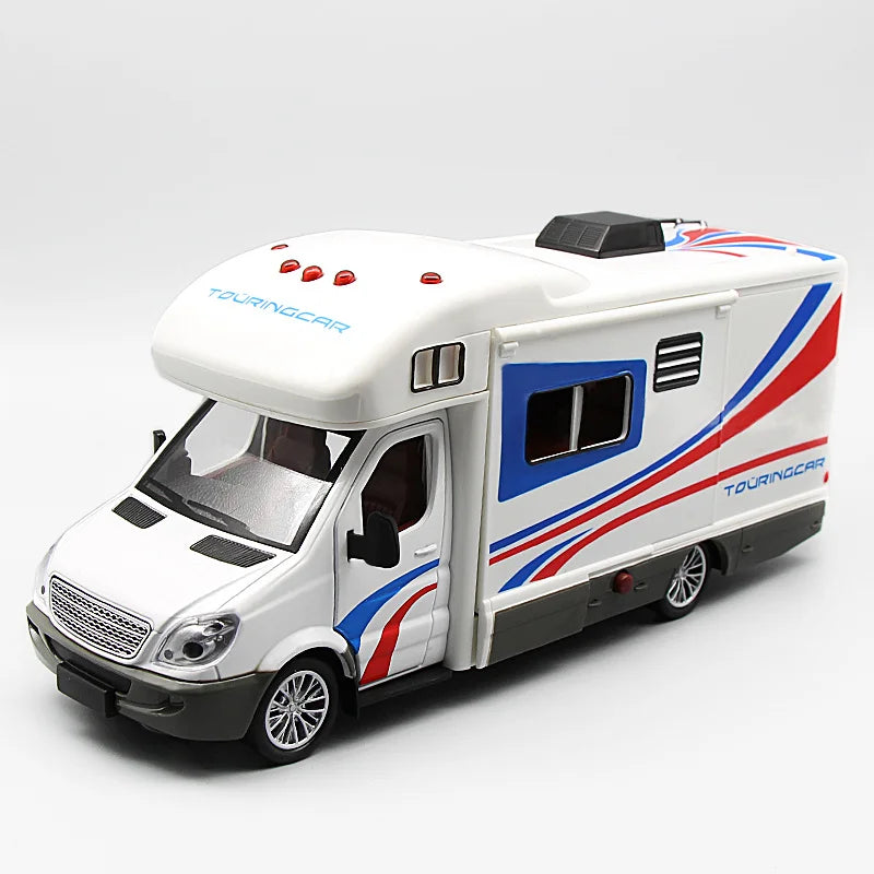 1:32 Alloy Diecast Touring Car Model Toys 3 Doors Opened Sound Light Campervan RV Trailer Vehicles s Toy Gift Collection