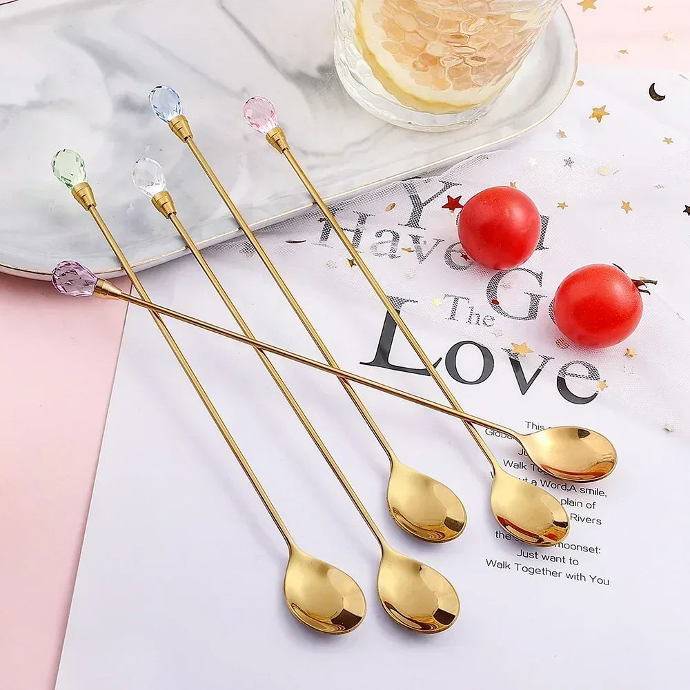 4pcs Diamond Coffee Spoon Stainless Steel Long Stirring Spoon Exquisite Crystal Teaspoon for Cafe Ice Cream Dessert Cocktail Mug