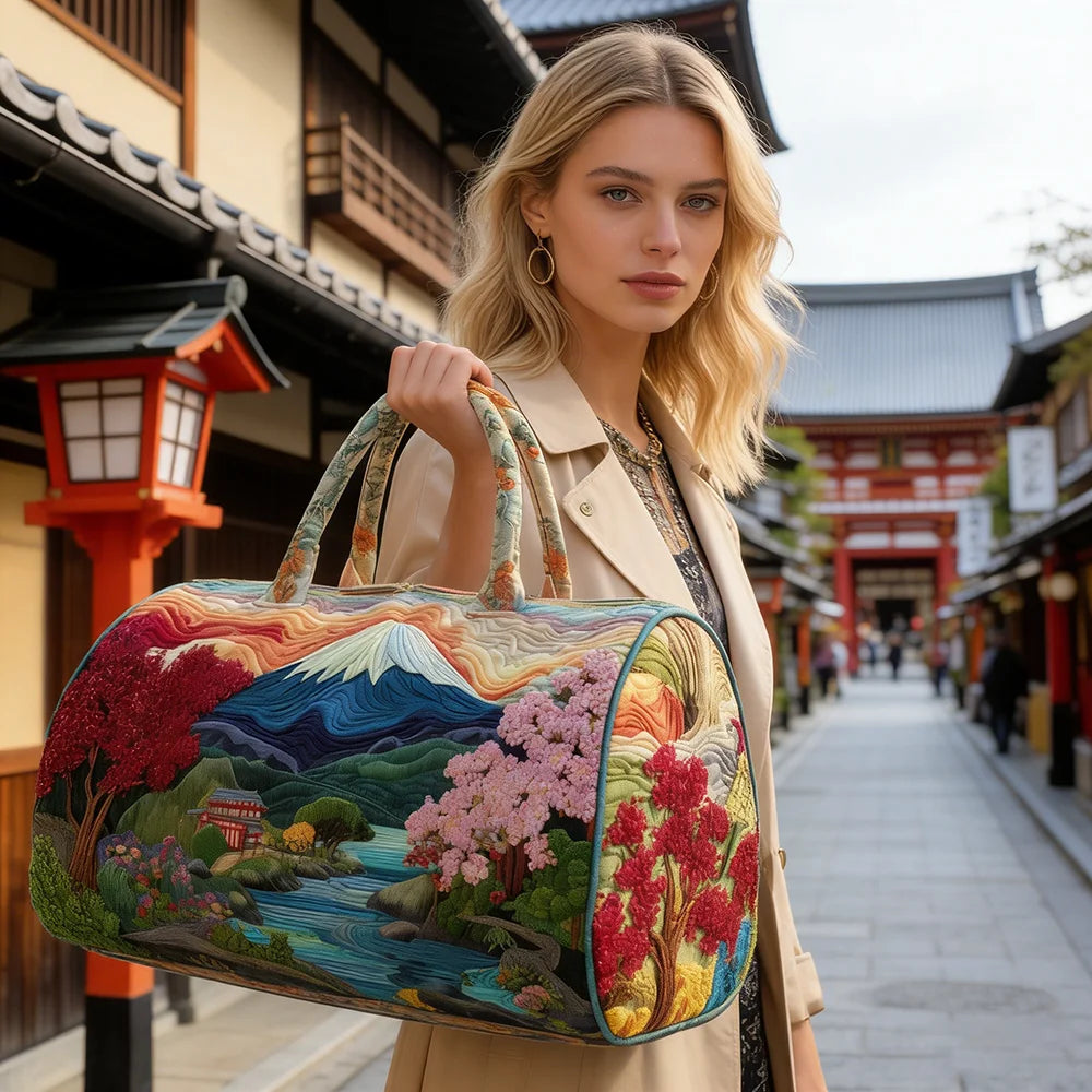 Japanese Style 3D Quilted Duffel Bag Fuji Sakura Koi Fish Print Large Capacity Travel Weekender Gym Bag Landscape Unisex Tote