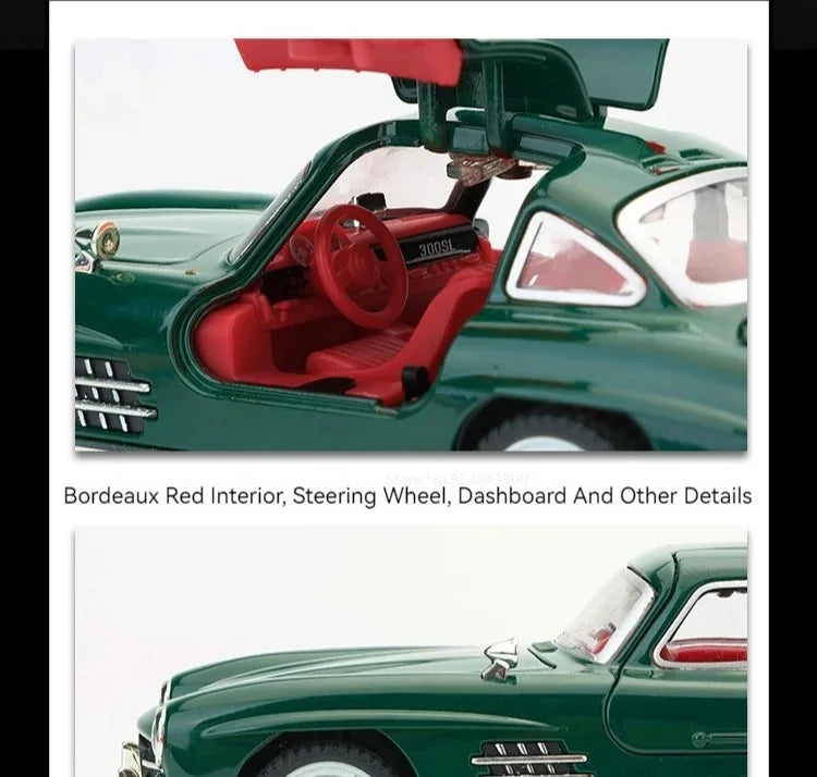 1:32 500K 300SL Vintage Car Model Toy Shock Absorption Alloy Diecast Vehicle Models Sound Light Pull Back Collection Gifts