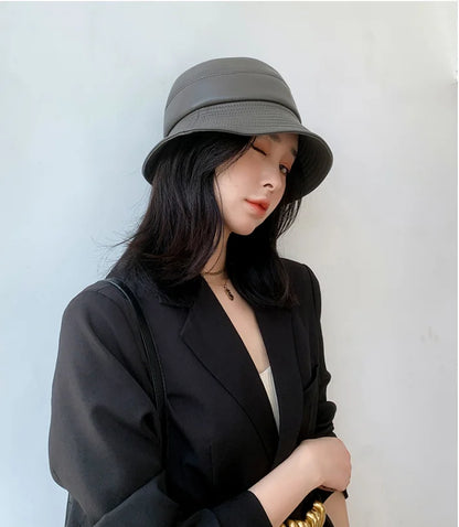 Bucket Hat Big Sun Shade 100% Genuine Leather Fisherman Caps Female Chic Grey Basin Casquette Street