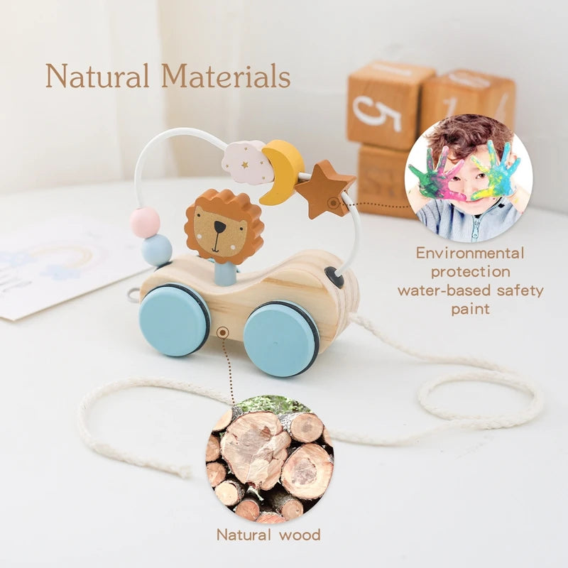 Wooden Baby Rope Trolley Puzzle Round Bead Brain Game Baby Wooden Children's Block BPA-free Organic Beech Animal Shape Baby Gift