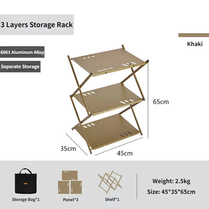 Three-tier Rack Outdoor Storage Shelf Folding Shelf Portable Camping Picnic BBQ Storage Rack Garden Foldable Table