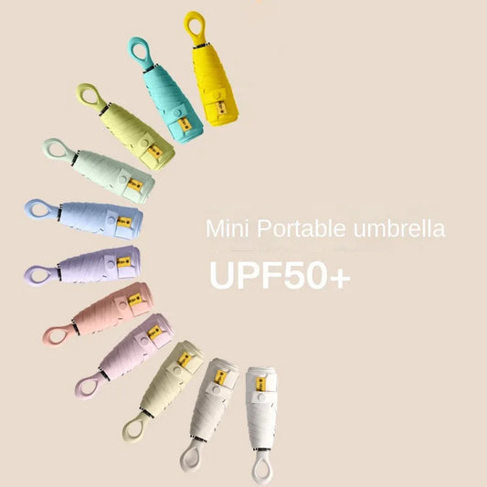 creative ring handle sunscreen umbrella, new portable capsule umbrella, 50 fold umbrella, six bone ultra light mini black glue