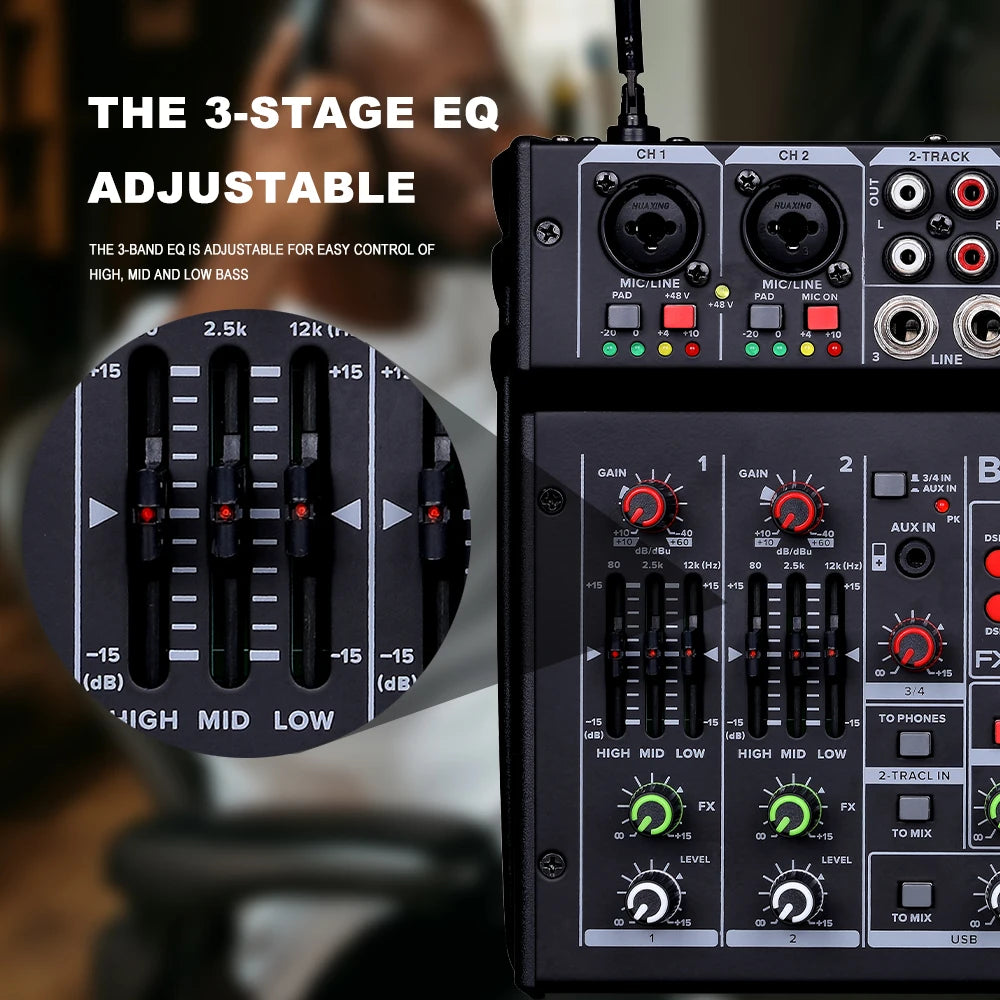 4 Channel Karaoke Audio Mixer with Dual UHF Wireless Microphones and Bluetooth