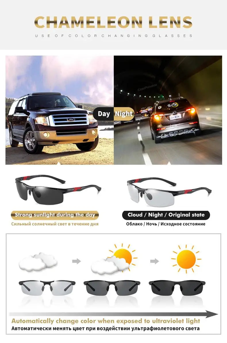Aluminum Photochromic Polarized UV400 Day Night Driving Sunglasses for Men Women