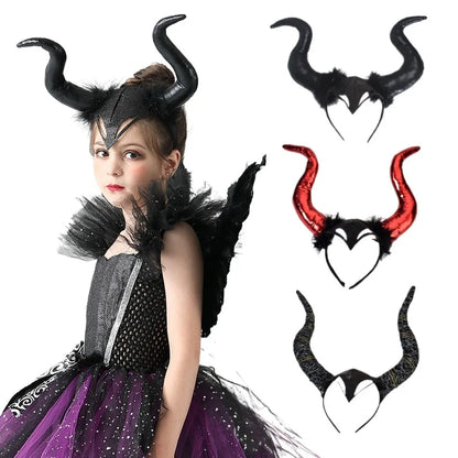 Girls Women Halloween Long Demon Ox Horn Headband Evil Queen Glitter Hair Hoop Cosplay Costume Magic Witch Headpiece Accessory