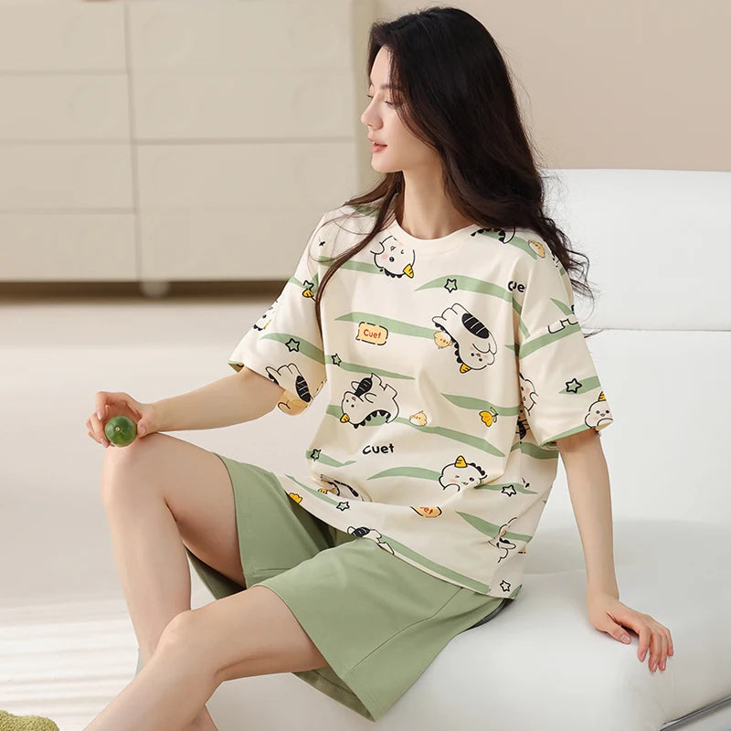 2-Pcs Women’s Cotton Pajama Set – Breathable Short Sleeve Summer Sleepwear with Cute Prints