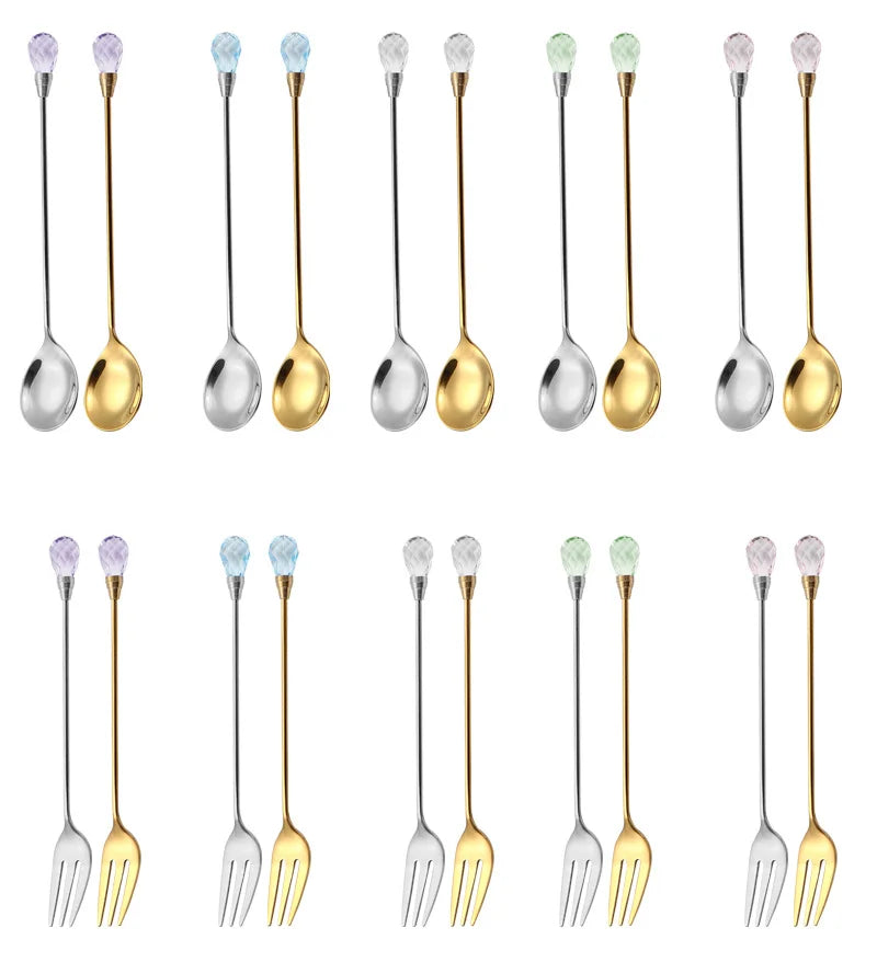 Stainless Steel Diamond Coffee Spoon and Fork Set Creative Crystal Long Handle, Perfect for Desserts, Ice Cream, Cake, and Fruit