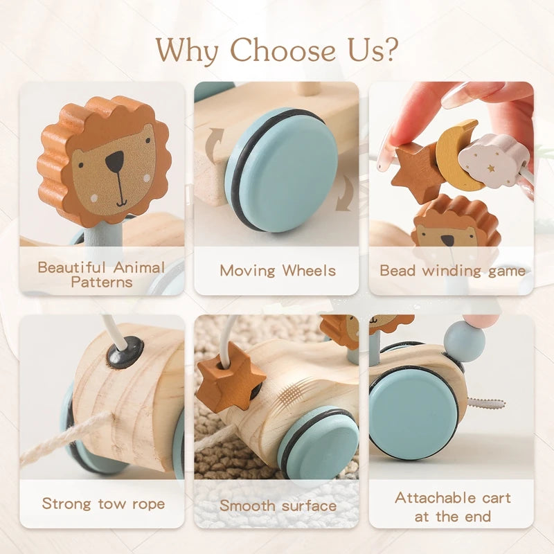 Wooden Baby Rope Trolley Puzzle Round Bead Brain Game Baby Wooden Children's Block BPA-free Organic Beech Animal Shape Baby Gift