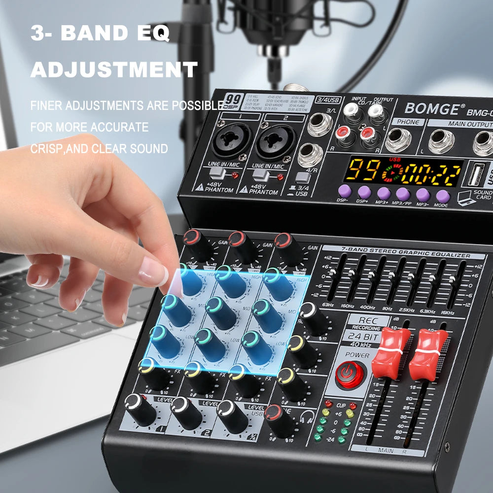 4 Channel Audio Mixing Console with 99 Band EQ USB Recording and Bluetooth