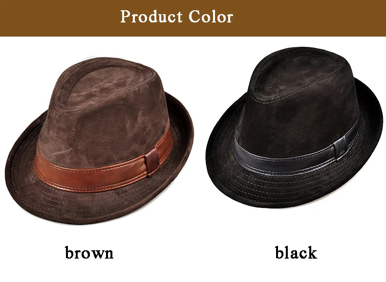 Winter Genuine Leather Top Hats For Men/Women British Gentlemen Wide Brim Stetson Fedoras 55-60cm Fitted Brown Male