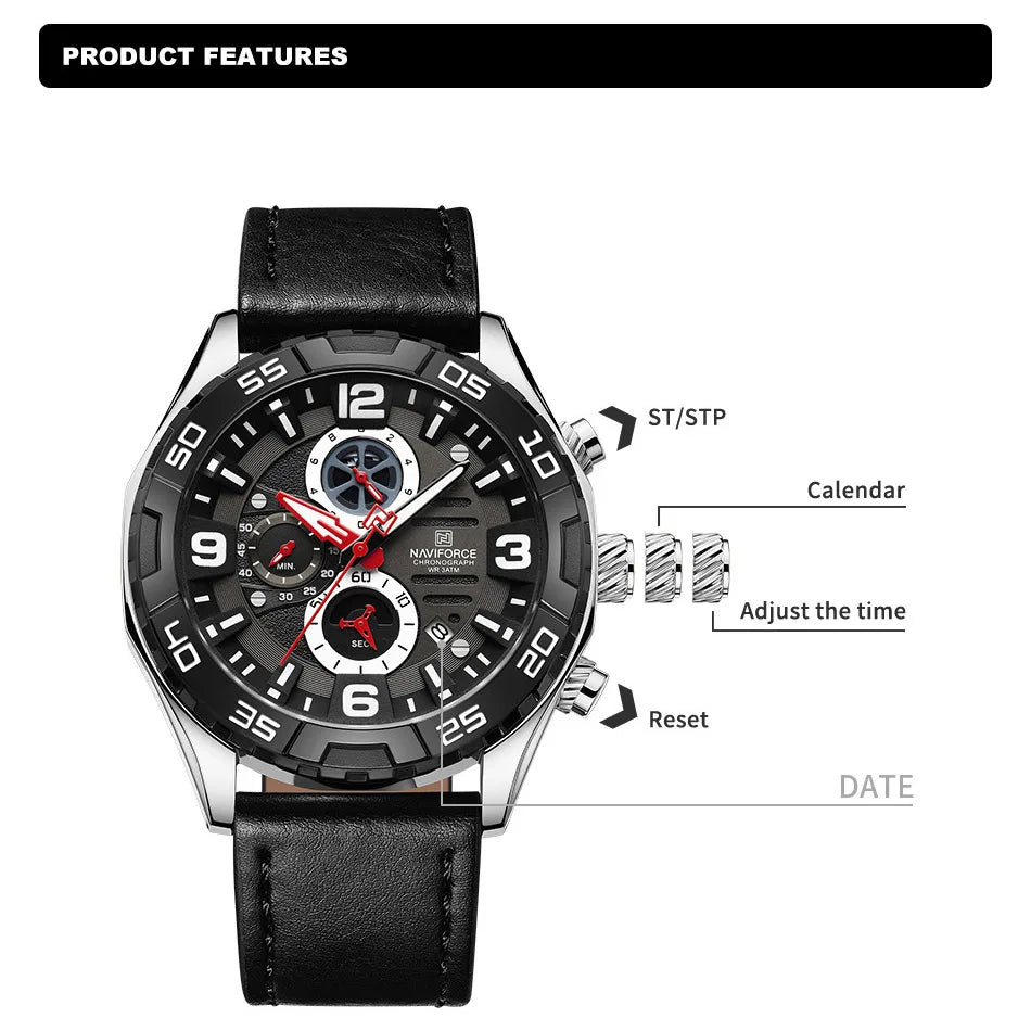 Sport Chronograph Clock Military Leather Waterproof Quartz Wrist Watch