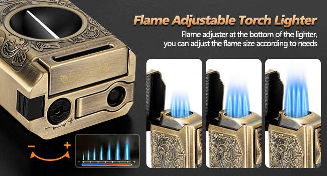 Cigar Lighter 4 Jet Flame, Refillable Butane Lighter with Cigar Cutter V Cut Cigar Punch Cigar Holder Cigar Draw Enhancer