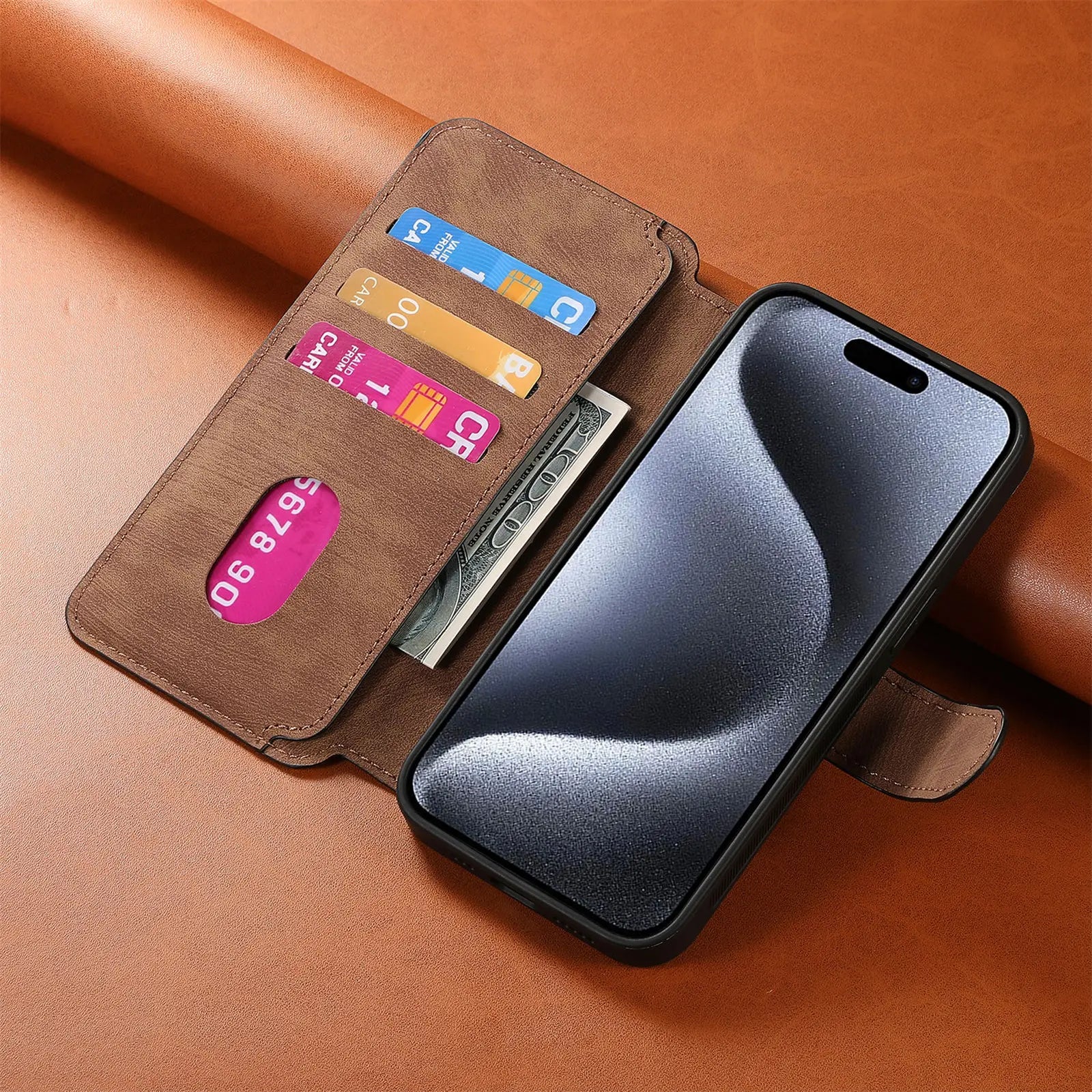 Flip Leather Wallet Case for iPhone 16 15 Pro Max 14 Plus 16E Magsafe Magnetic Detachable Card Slot Holder Cover