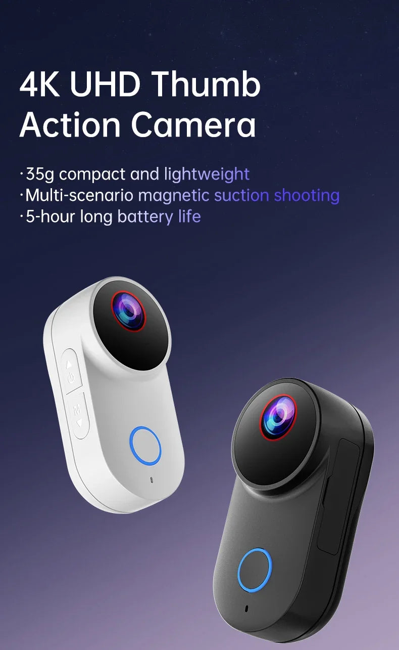 4K WiFi Thumb Action Camera 6-Axis EIS Waterproof Mini Body Cam with Charging Dock