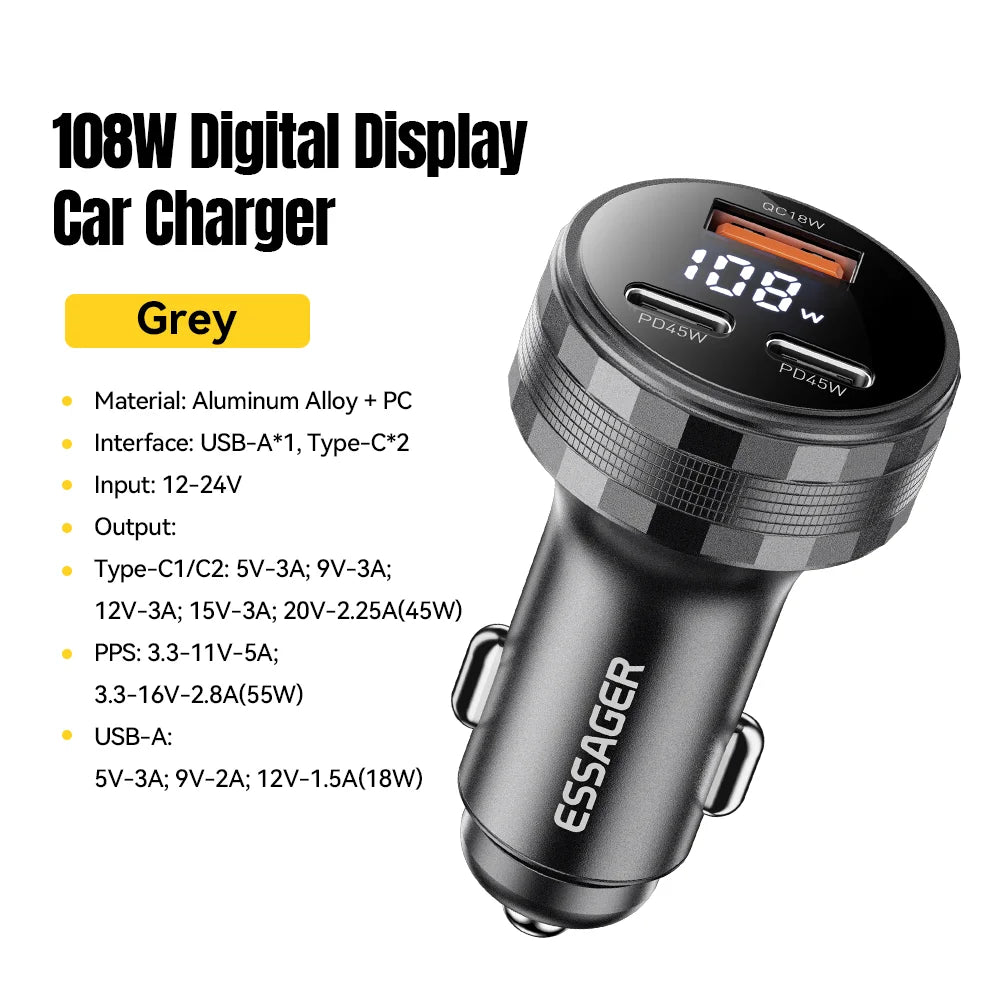 108W USB C Car Charger 3 Ports PD 3.0 Fast Charging Digital Display Dual Type C + USB Adapter