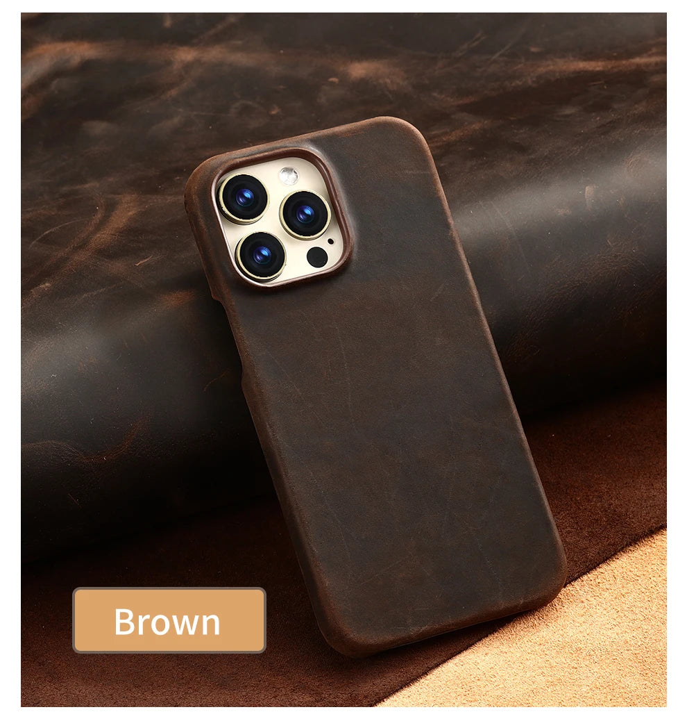 Retro Cowhide Phone Case for iPhone 16 15 14 Pro Max 16Pro 14Pro 15Pro Luxury Crazy Horse Genuine PULL-UP Leather Back Cover