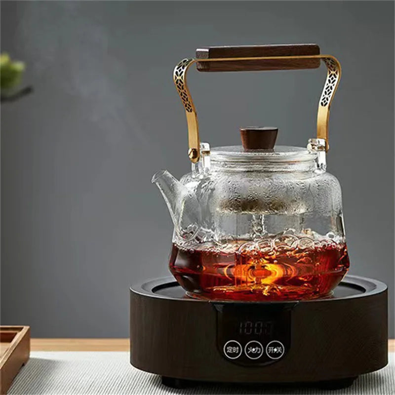 Japanese Heat Resistant Glass Tea Pot with Infuser Copper Wood Handle 1150ml High Borosilicate Tea Kettle