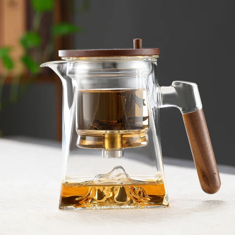 One Click Tea Separation Filtration Bottom Mountain View Glass Teapot With Wood Handle 700ml Kungfu Tea Water Separation Tea Pot